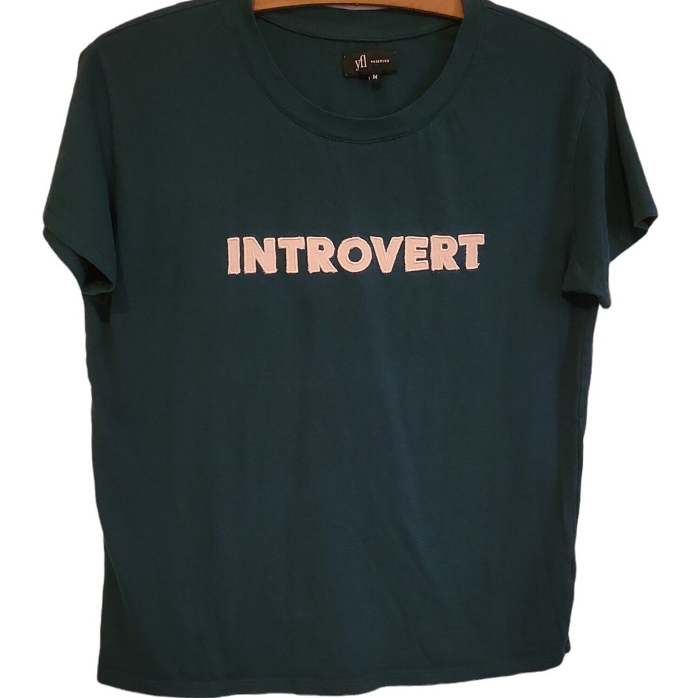 t shirt introvert green white embroidered letters sz m yfl reserved short sleeve